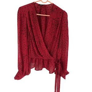 Express Womens XL Blouse Chiffon Surplice V Neck Red Polka Dot Ruffle Romantic